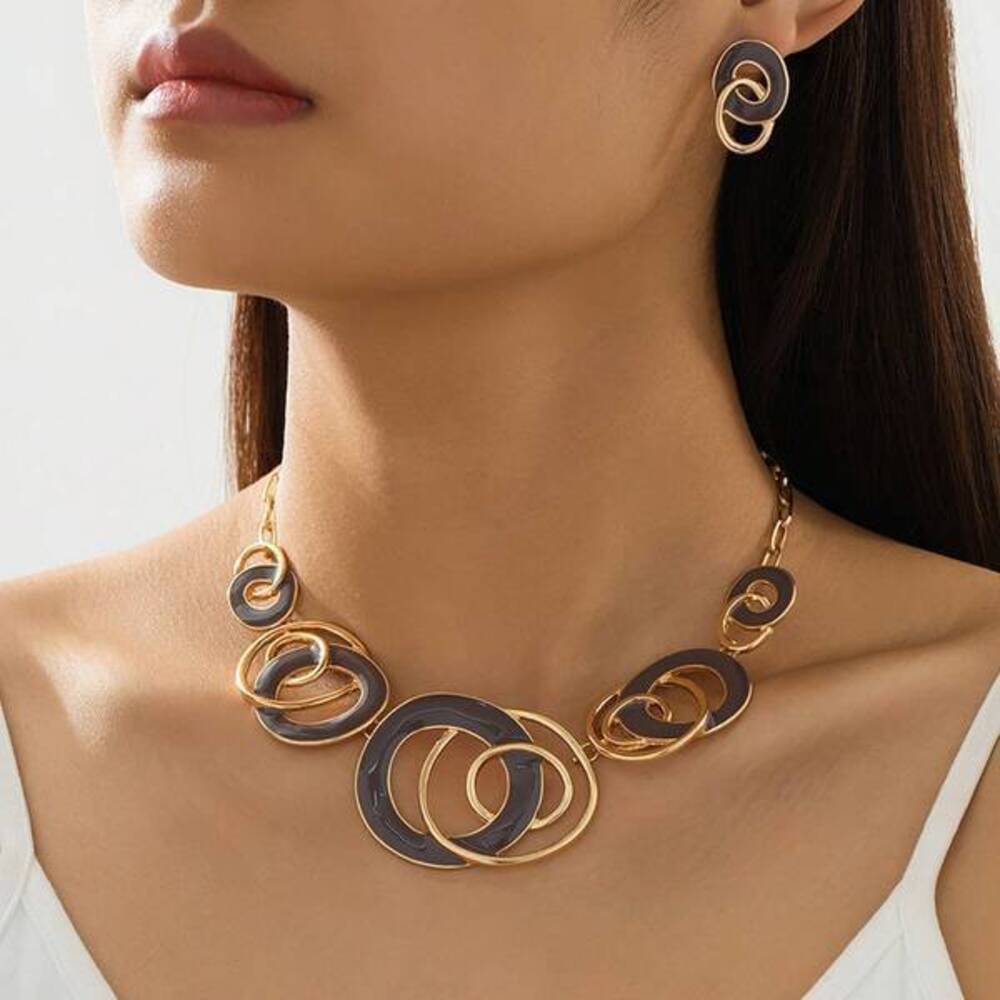Vintage Simple Classic Enamel Geometric Hollow Line Necklace And Earring Se